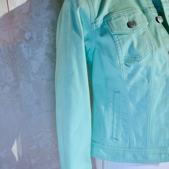 Talbots Women's SP Petite Teal Mint Green Denim Jean Jacket - Picture 4 of 7